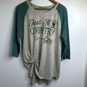 Southern Grace Womens XL Graphic Country Girl Turquoise Lace LS‎ Sleeve